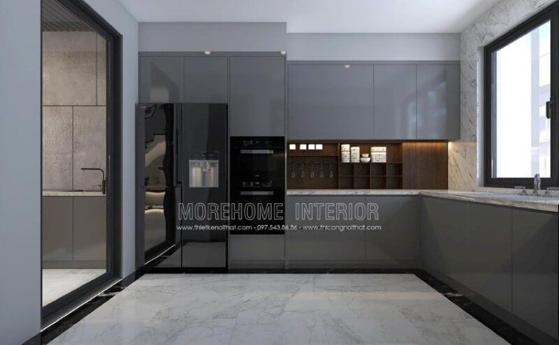 Gia chủ mệnh Thủy sẽ được trang trí phòng bếp hiện đại với sự sang trọng và tone màu xám nổi bật.